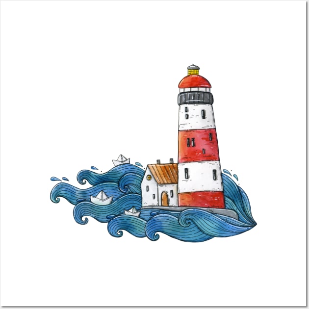 Lighthouse on waves Wall Art by Tania Tania